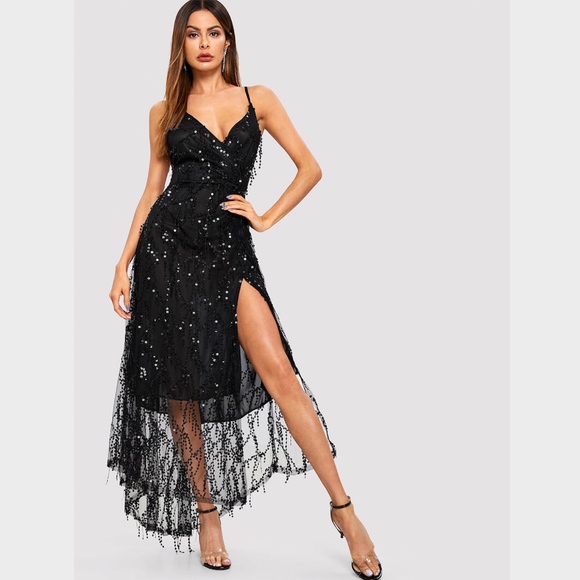 Black Sequin Fringe Backless Cami Slit Maxi Dress - Picture 2 of 8